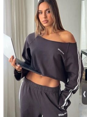 White Fox Boutique Charcoal Off-Shoulder Cropped Sweatshirt